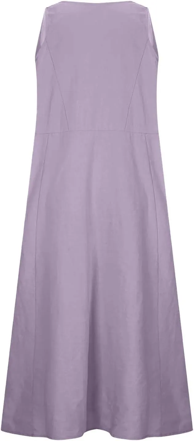 Women's Summer Cotton Linen Dresses 2025 Trendy Elegant Sleeveless Casual Baggy Flowy Beach Maxi Sun Dresses Pocket