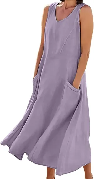 Women's Summer Cotton Linen Dresses 2025 Trendy Elegant Sleeveless Casual Baggy Flowy Beach Maxi Sun Dresses Pocket