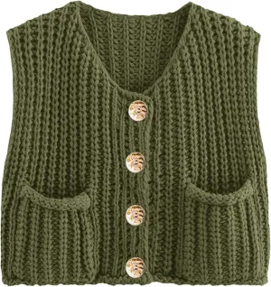 Womens Summer Crop Knit Sweater Vest Sleeveless Button Down Chunky Knit Vest Cardigan with Pockets
