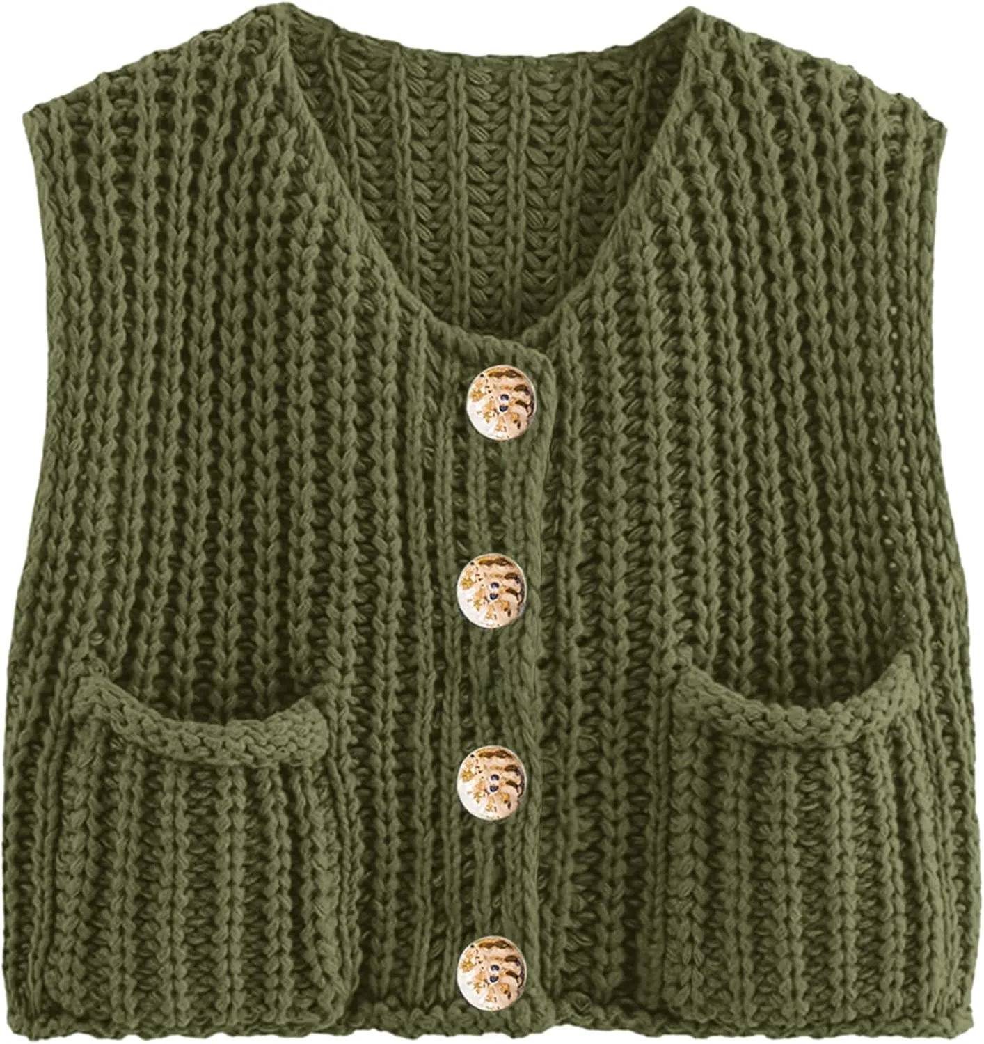 Womens Summer Crop Knit Sweater Vest Sleeveless Button Down Chunky Knit Vest Cardigan with Pockets