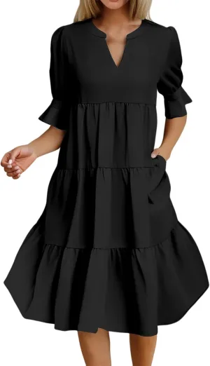 Womens Summer Dresses Casual Ruffle Short Sleeve V Neck Mini Dress Trendy Tiered Formal Dresses Loose Flowy Swing Dress