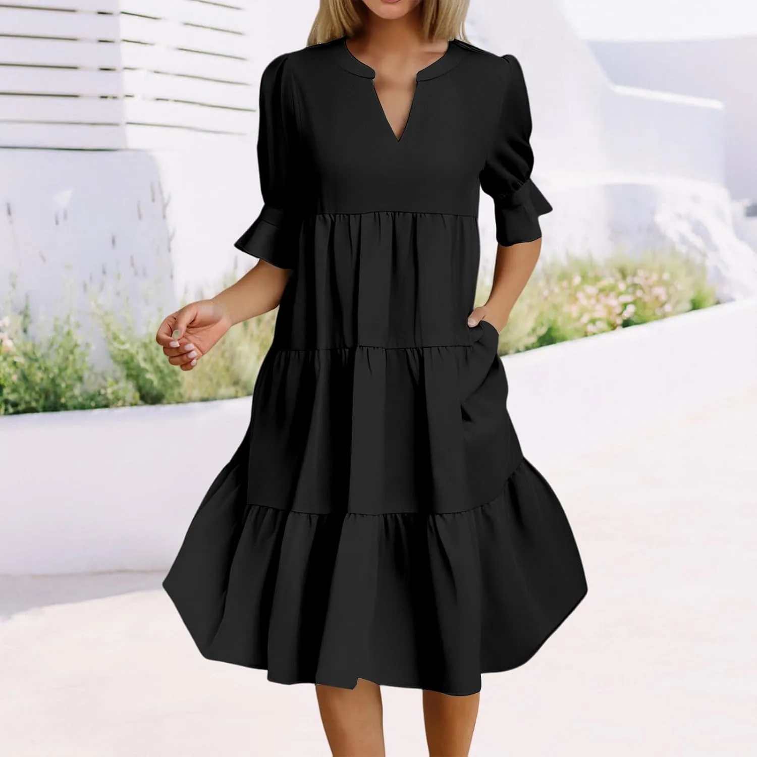 Womens Summer Dresses Casual Ruffle Short Sleeve V Neck Mini Dress Trendy Tiered Formal Dresses Loose Flowy Swing Dress