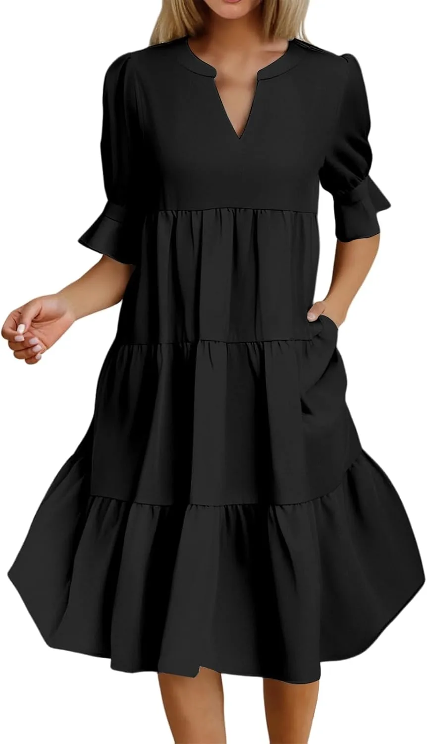 Womens Summer Dresses Casual Ruffle Short Sleeve V Neck Mini Dress Trendy Tiered Formal Dresses Loose Flowy Swing Dress