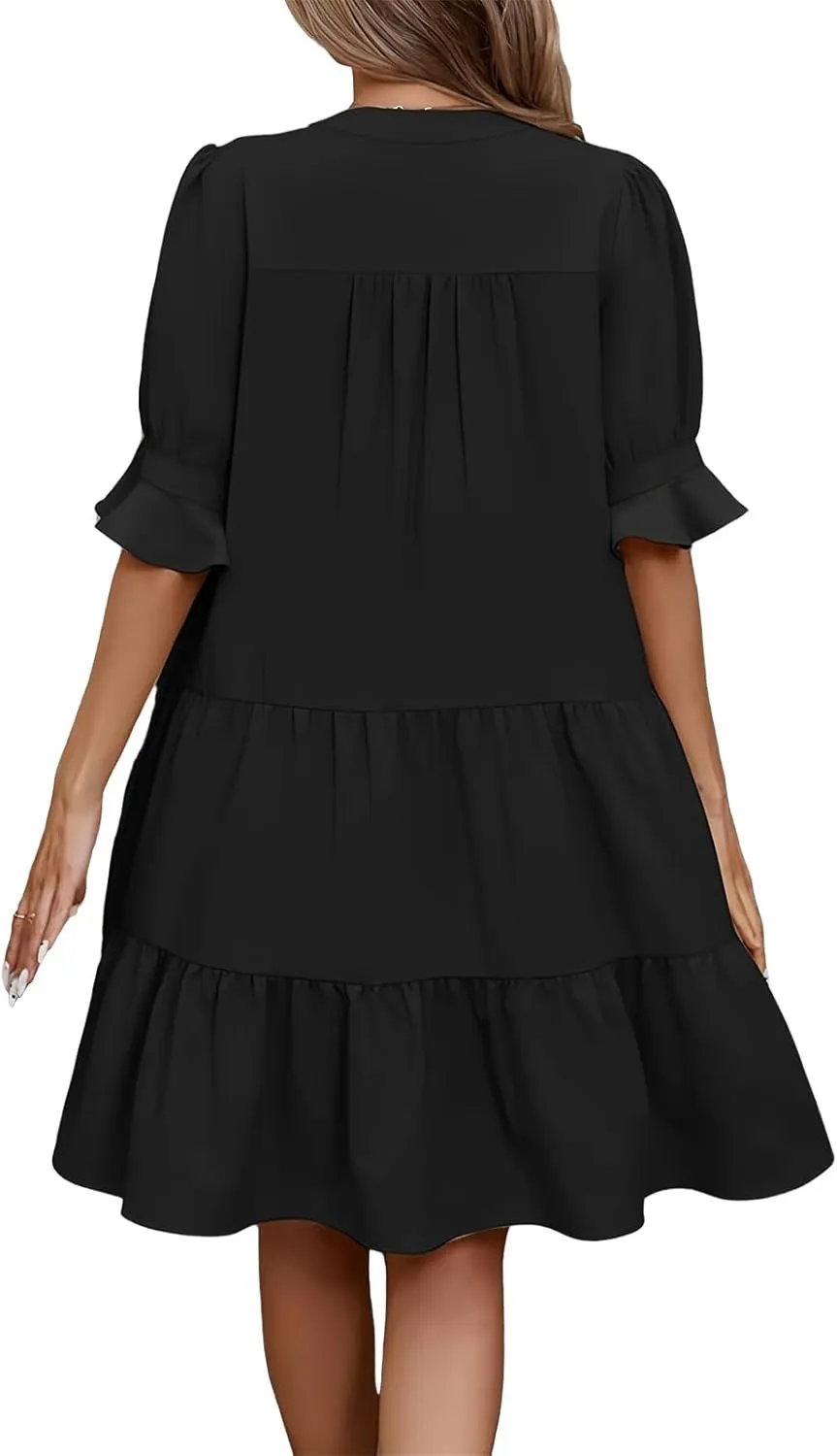 Womens Summer Dresses Casual Ruffle Short Sleeve V Neck Mini Dress Trendy Tiered Formal Dresses Loose Flowy Swing Dress