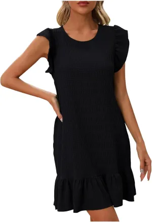 Women's Summer Dresses Round Neck Flutter Sleeveless Tank Dress Solid Color Flowy Ruffle Hem Mini Babydoll Dresses