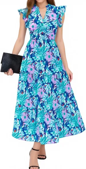 Womens Summer Floral Maxi Dress 2025 Cap Sleeve V Neck Ruffle Long Flowy Boho Casual Beach Vacation Sundresses