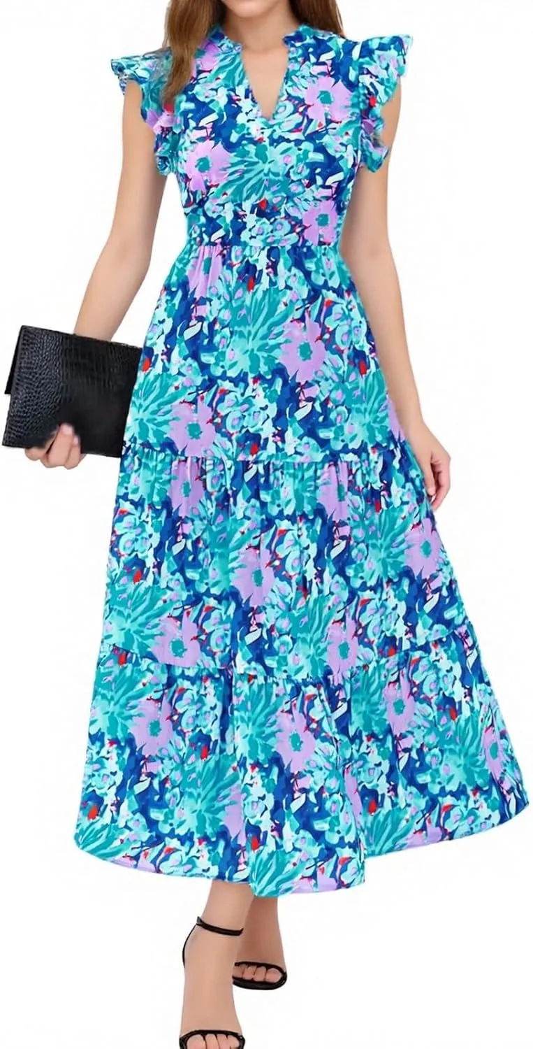 Womens Summer Floral Maxi Dress 2025 Cap Sleeve V Neck Ruffle Long Flowy Boho Casual Beach Vacation Sundresses