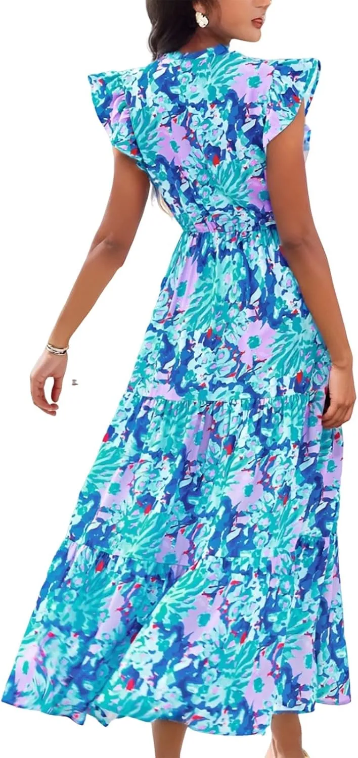 Womens Summer Floral Maxi Dress 2025 Cap Sleeve V Neck Ruffle Long Flowy Boho Casual Beach Vacation Sundresses