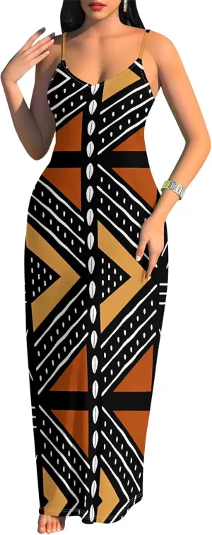Women's Summer Maxi Dress Casual African Print Spaghetti Strap Long Maxi Dresses Sexy V-Neck Floral Sleeveless Beach Sundress