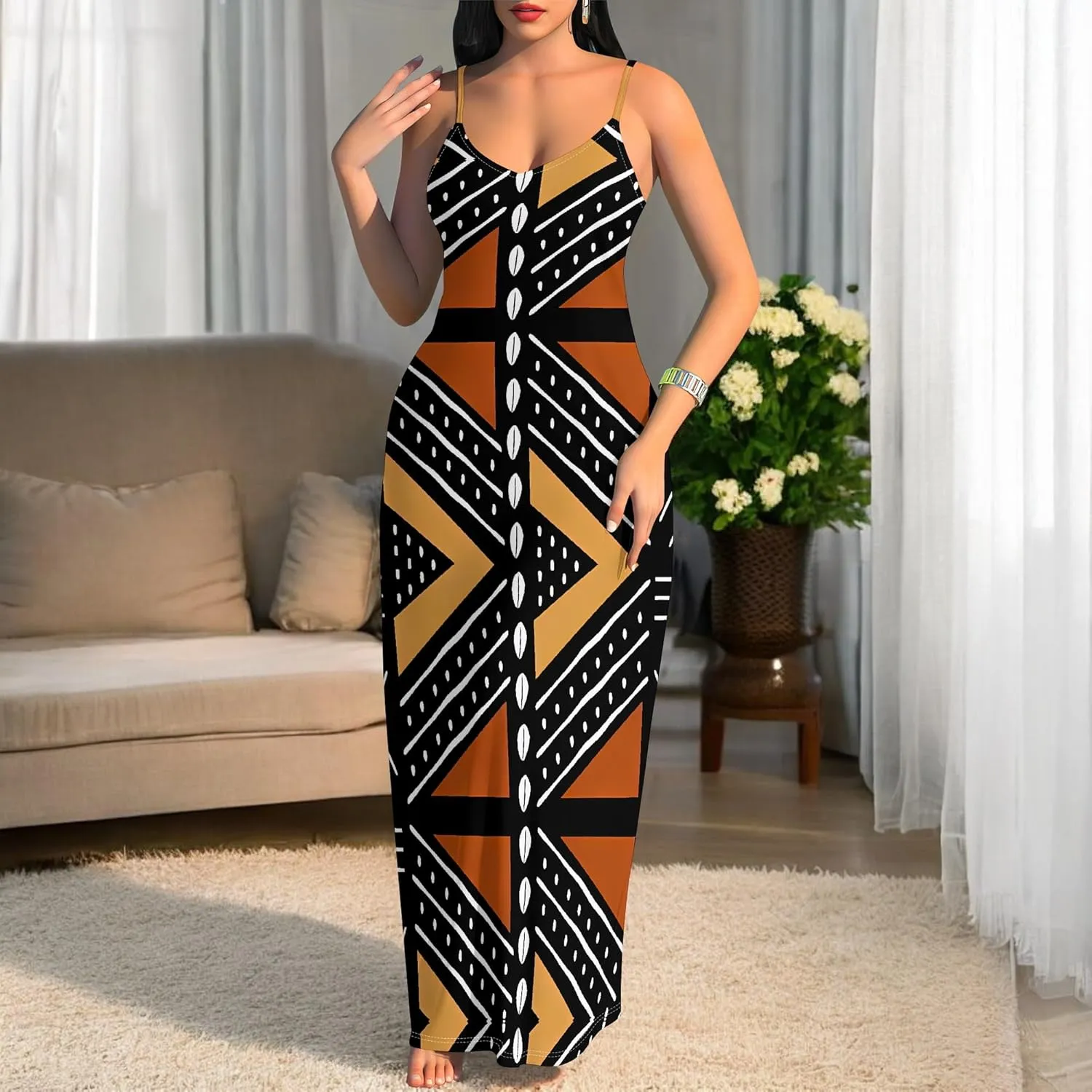 Women's Summer Maxi Dress Casual African Print Spaghetti Strap Long Maxi Dresses Sexy V-Neck Floral Sleeveless Beach Sundress