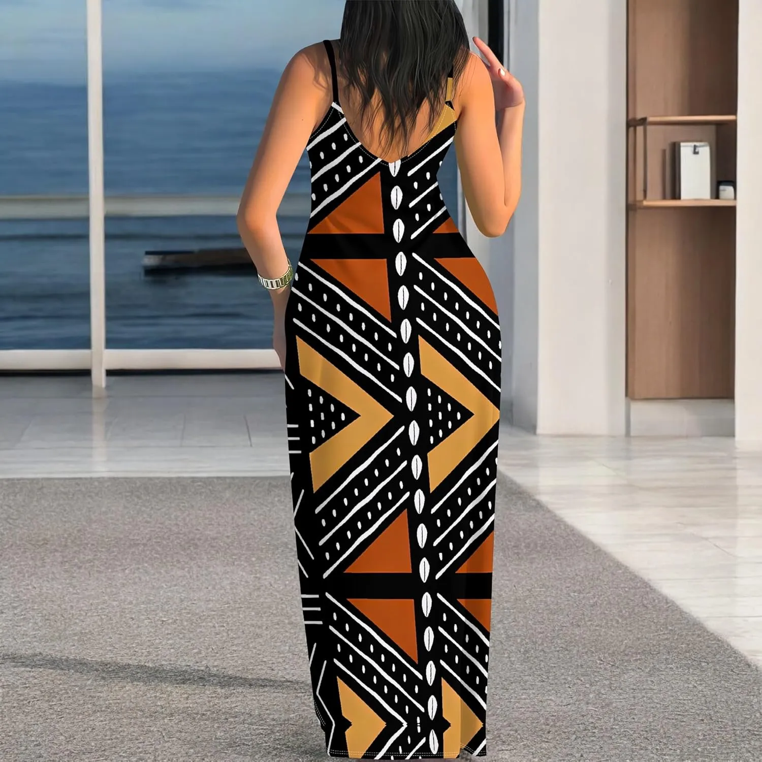 Women's Summer Maxi Dress Casual African Print Spaghetti Strap Long Maxi Dresses Sexy V-Neck Floral Sleeveless Beach Sundress