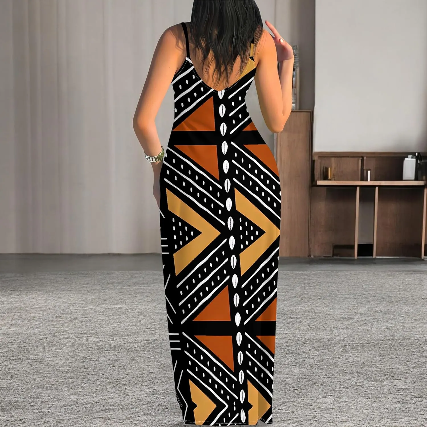 Women's Summer Maxi Dress Casual African Print Spaghetti Strap Long Maxi Dresses Sexy V-Neck Floral Sleeveless Beach Sundress