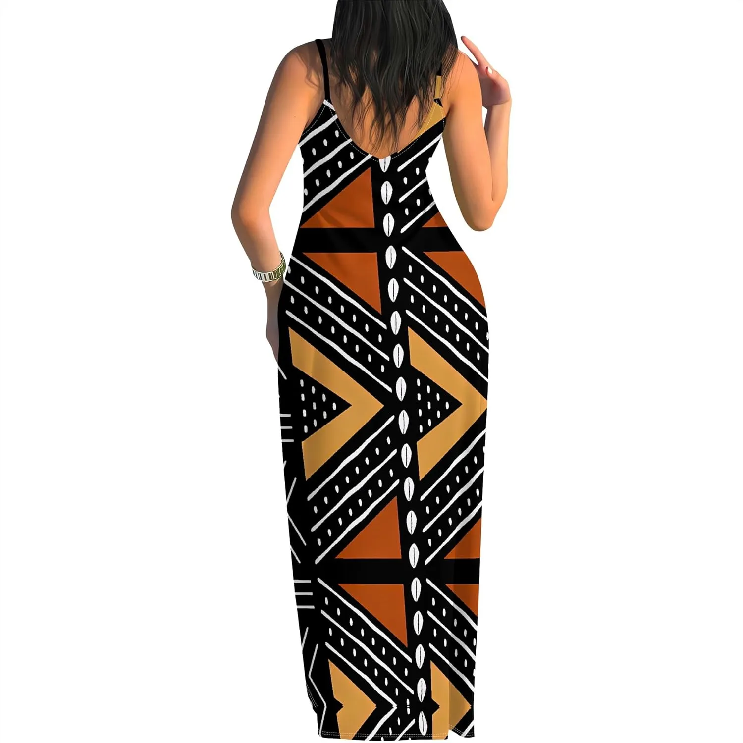 Women's Summer Maxi Dress Casual African Print Spaghetti Strap Long Maxi Dresses Sexy V-Neck Floral Sleeveless Beach Sundress