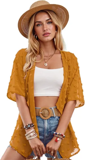 Womens Summer Open Front Half Sleeve Lightweight Swiss Dots Cardigan Loose Kimono Sheer Beach Cover Up