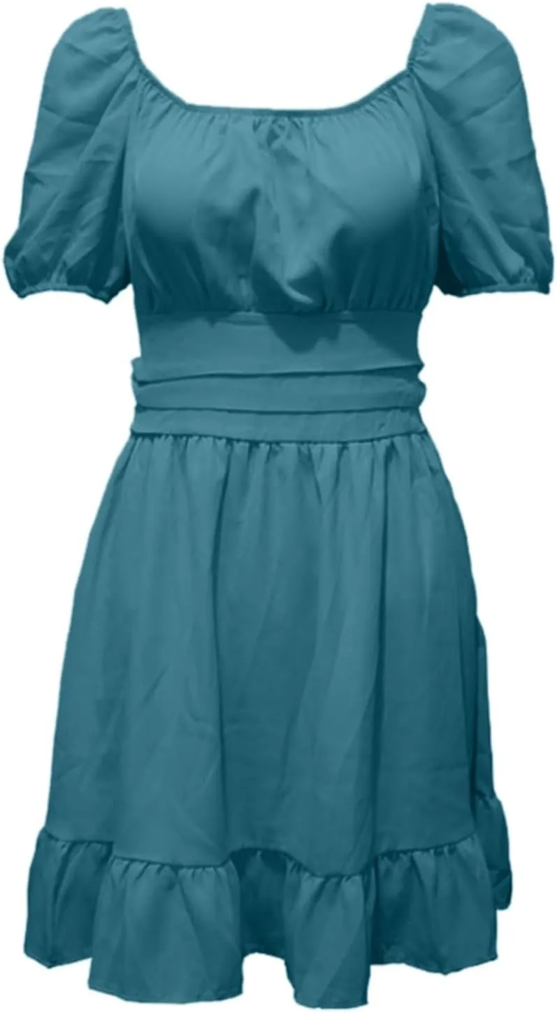 Womens Summer Sundress Tie Back Square Neck Short Puff Sleeve A-Line Mini Dress for Women Casual Travel Vacation Outfits