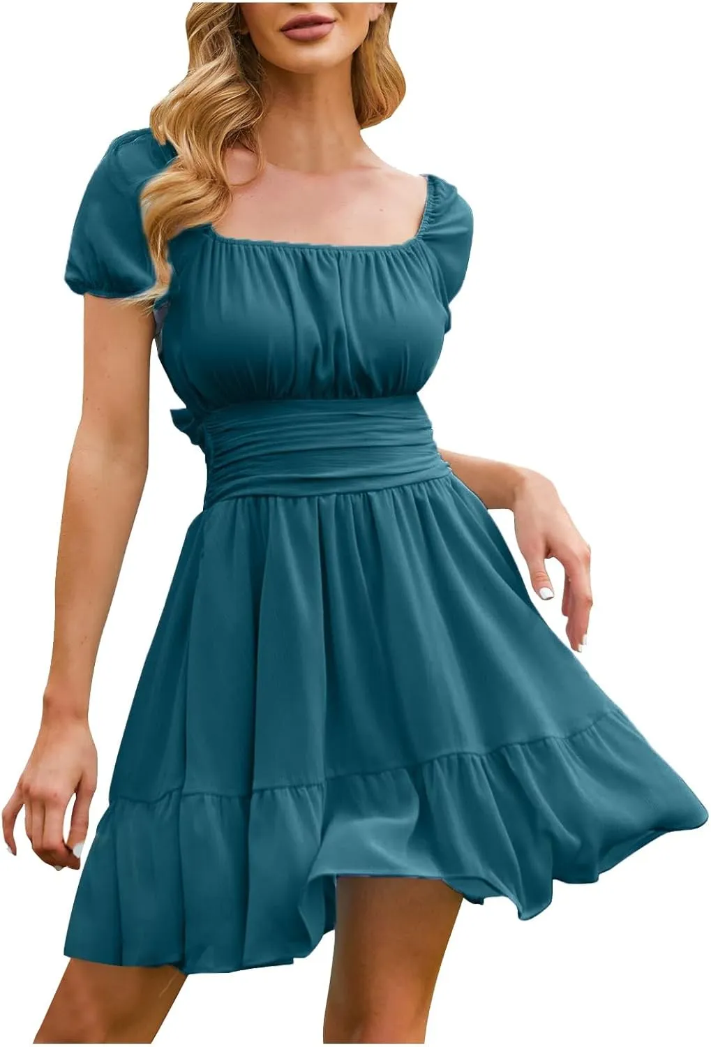Womens Summer Sundress Tie Back Square Neck Short Puff Sleeve A-Line Mini Dress for Women Casual Travel Vacation Outfits
