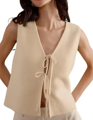Women's Tie Knit Vest Crochet Sleeveless Open Front Cardigan Sweater Vest Top