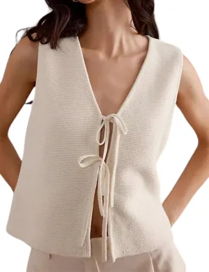 Women's Tie Knit Vest Crochet Sleeveless Open Front Cardigan Sweater Vest Top