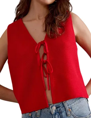 Women's Tie Knit Vest Crochet Sleeveless Open Front Cardigan Sweater Vest Top