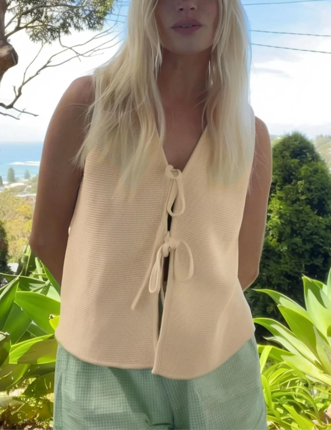 Women's Tie Knit Vest Crochet Sleeveless Open Front Cardigan Sweater Vest Top