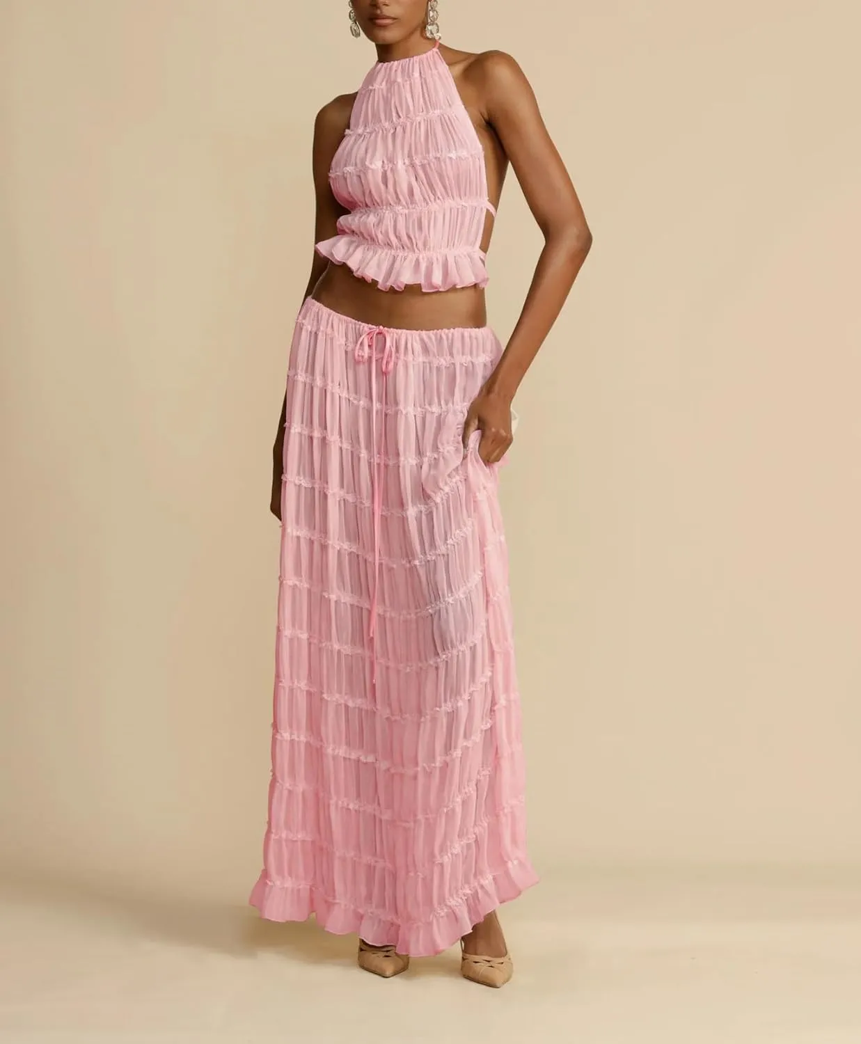 Womens Two Piece Skirt Set Lace Up Sleeveless Tank Top and Flowy Pleated Long Skirt Summer Chiffon Maxi Skirt Beach Set