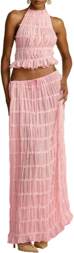 Womens Two Piece Skirt Set Lace Up Sleeveless Tank Top and Flowy Pleated Long Skirt Summer Chiffon Maxi Skirt Beach Set