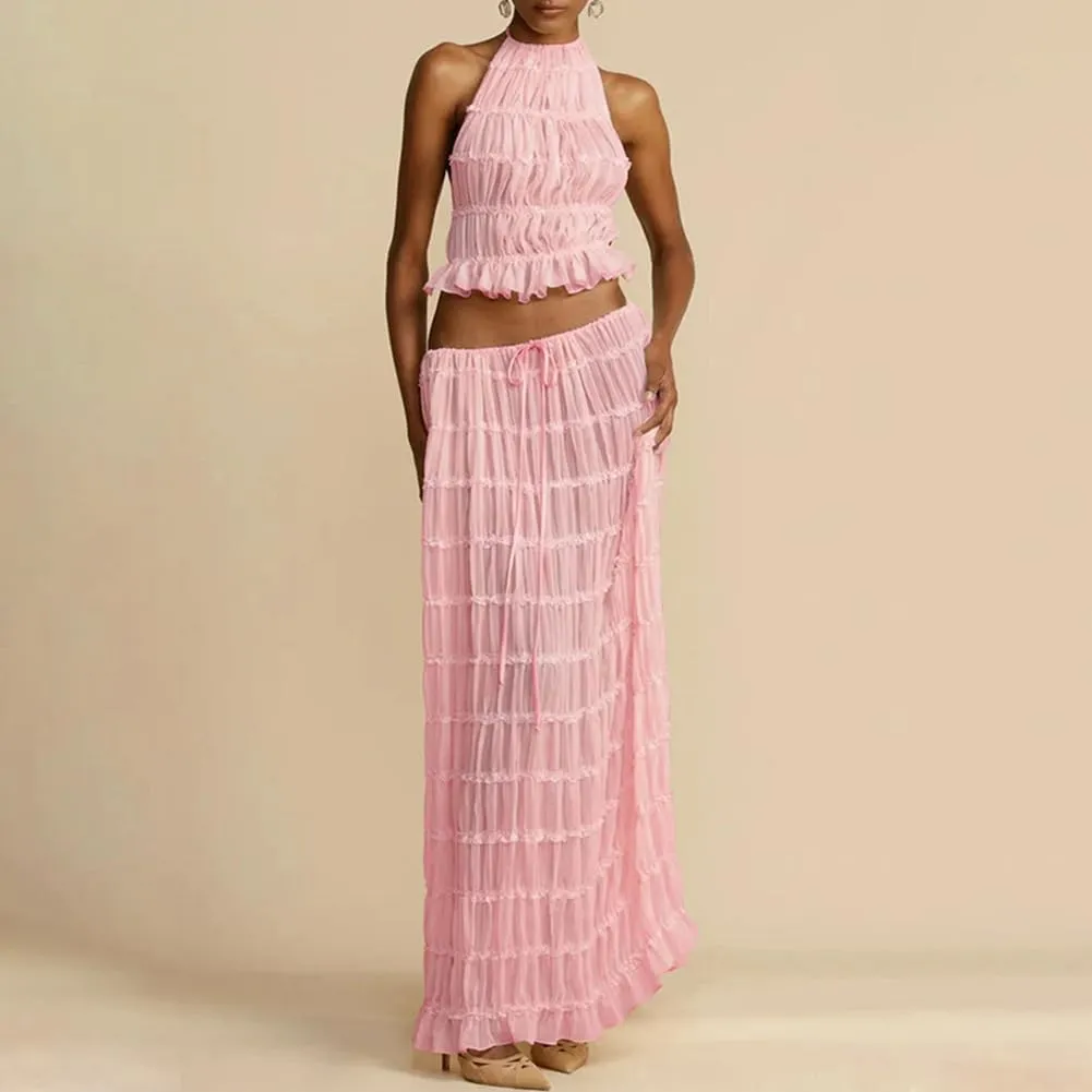 Womens Two Piece Skirt Set Lace Up Sleeveless Tank Top and Flowy Pleated Long Skirt Summer Chiffon Maxi Skirt Beach Set