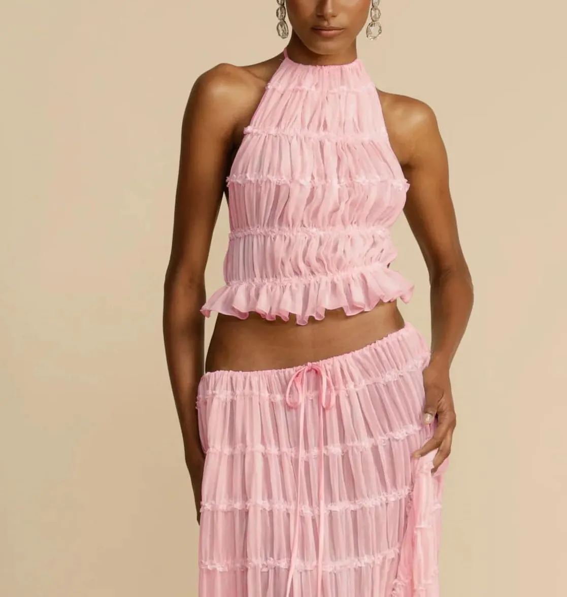 Womens Two Piece Skirt Set Lace Up Sleeveless Tank Top and Flowy Pleated Long Skirt Summer Chiffon Maxi Skirt Beach Set