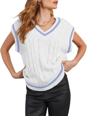 Womens V Neck Oversized Sweaters Vest Sleeveless Cable Knit Pullover Striped Chunky Sweater Casual Tennis Colorblock Top