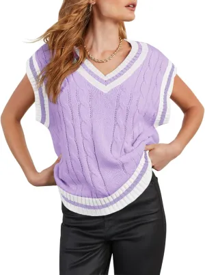 Womens V Neck Oversized Sweaters Vest Sleeveless Cable Knit Pullover Striped Chunky Sweater Casual Tennis Colorblock Top