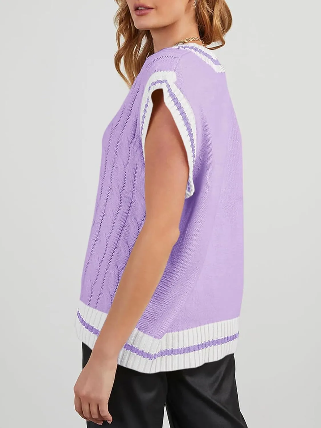 Womens V Neck Oversized Sweaters Vest Sleeveless Cable Knit Pullover Striped Chunky Sweater Casual Tennis Colorblock Top