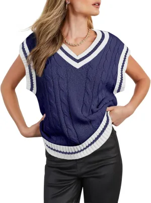 Womens V Neck Oversized Sweaters Vest Sleeveless Cable Knit Pullover Striped Chunky Sweater Casual Tennis Colorblock Top