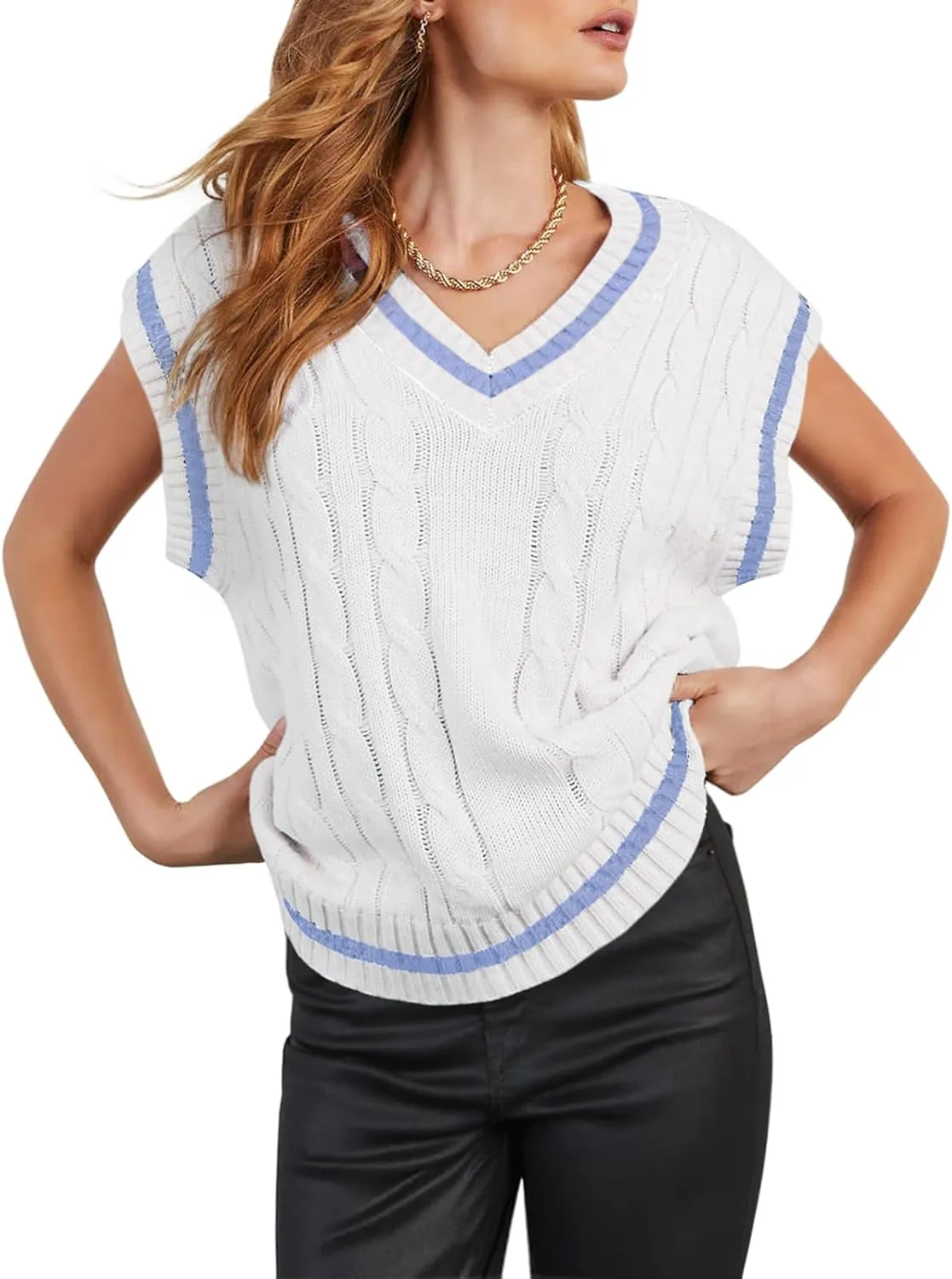 Womens V Neck Oversized Sweaters Vest Sleeveless Cable Knit Pullover Striped Chunky Sweater Casual Tennis Colorblock Top