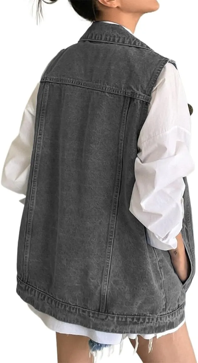 Women's Vintage Denim Vest Oversized Button Down Jean Waistcoat Gilet Sleeveless Jean Jacket
