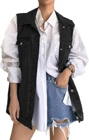 Women's Vintage Denim Vest Oversized Button Down Jean Waistcoat Gilet Sleeveless Jean Jacket