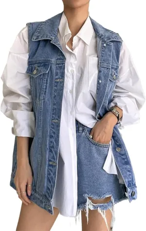 Women's Vintage Denim Vest Oversized Button Down Jean Waistcoat Gilet Sleeveless Jean Jacket