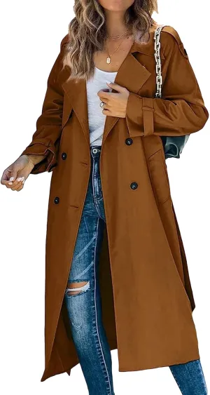Women's Windproof Trench Coat Notched Lapel Double Breasted Long Overcoat Casual Fall Winter Windbreaker Outerwear