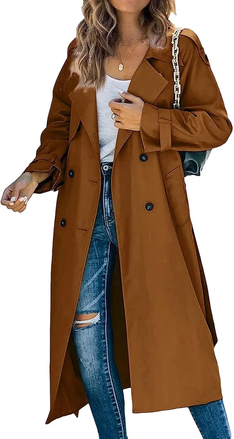 Women's Windproof Trench Coat Notched Lapel Double Breasted Long Overcoat Casual Fall Winter Windbreaker Outerwear