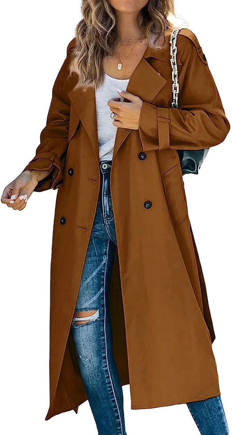 Women's Windproof Trench Coat Notched Lapel Double Breasted Long Overcoat Casual Fall Winter Windbreaker Outerwear
