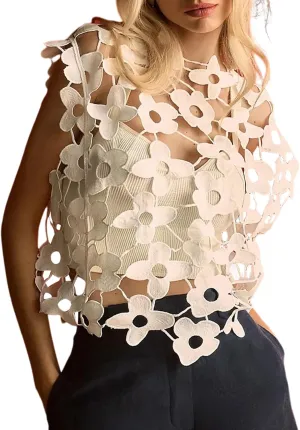 Wyeysyt Women's Hollow Out Floral Lace Vest Sleeveless Crewneck Crochet Cover Up Summer Cropped Going Out Tops