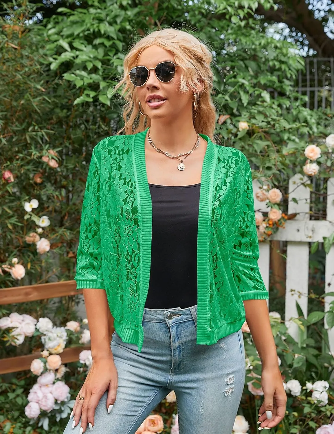 Xunger Womens 3/4 Sleeve Lace Cardigan Casual Open Front Floral Lace Shrug Summer Cover Up