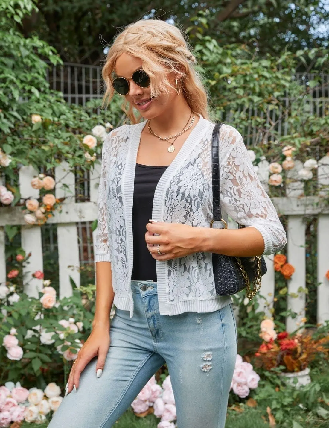 Xunger Womens 3/4 Sleeve Lace Cardigan Casual Open Front Floral Lace Shrug Summer Cover Up