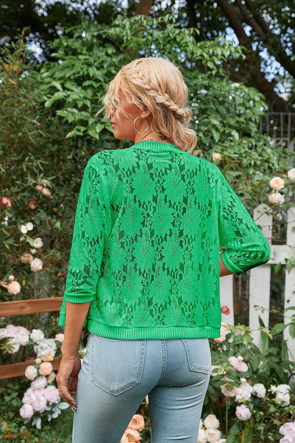 Xunger Womens 3/4 Sleeve Lace Cardigan Casual Open Front Floral Lace Shrug Summer Cover Up