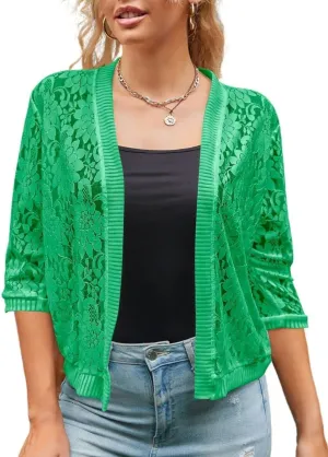 Xunger Womens 3/4 Sleeve Lace Cardigan Casual Open Front Floral Lace Shrug Summer Cover Up