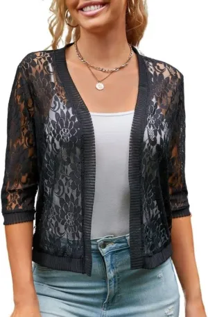 Xunger Womens 3/4 Sleeve Lace Cardigan Casual Open Front Floral Lace Shrug Summer Cover Up