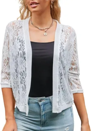 Xunger Womens 3/4 Sleeve Lace Cardigan Casual Open Front Floral Lace Shrug Summer Cover Up