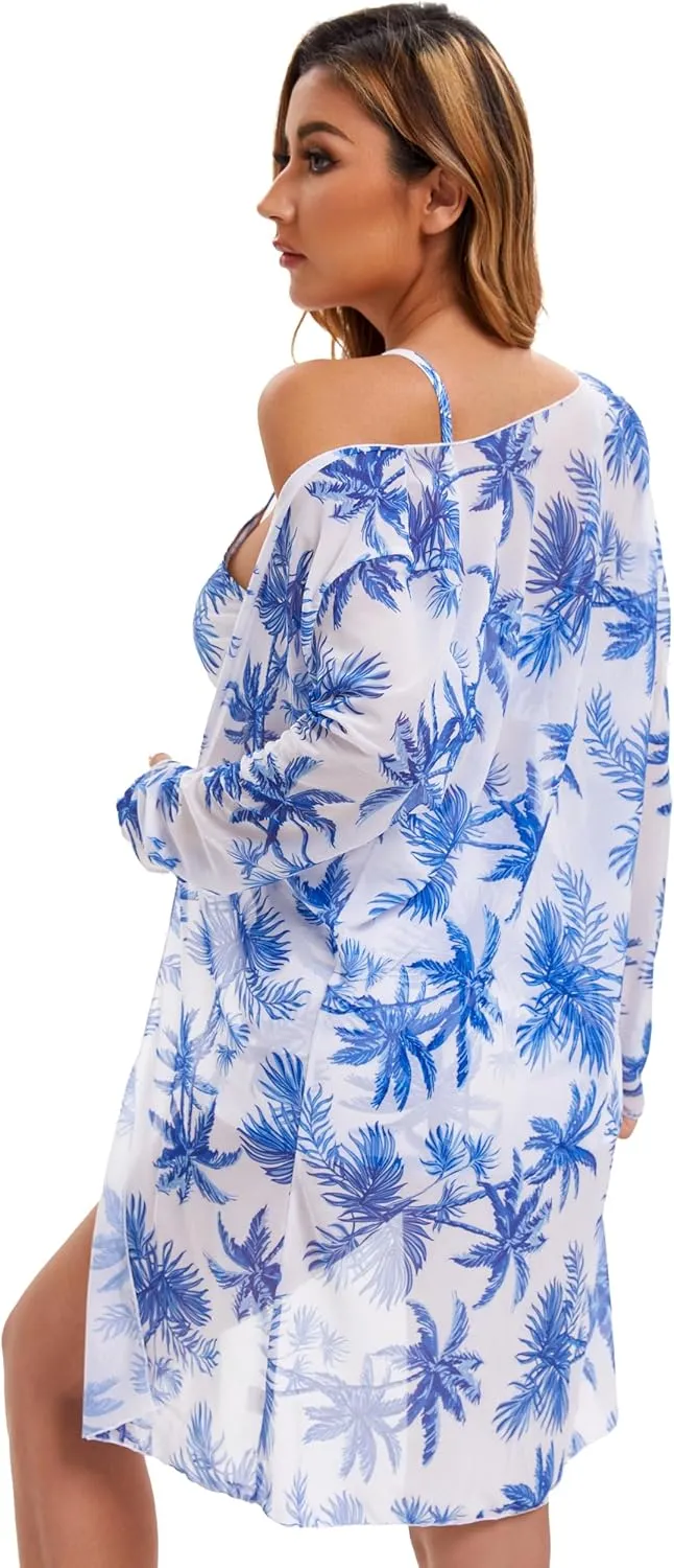 Yknktstc Womens 3 Pieces Bikini Set Swimsuit Tropical Beach Cover up Kimono Swimwear Bathing Suit with Boy Shorts