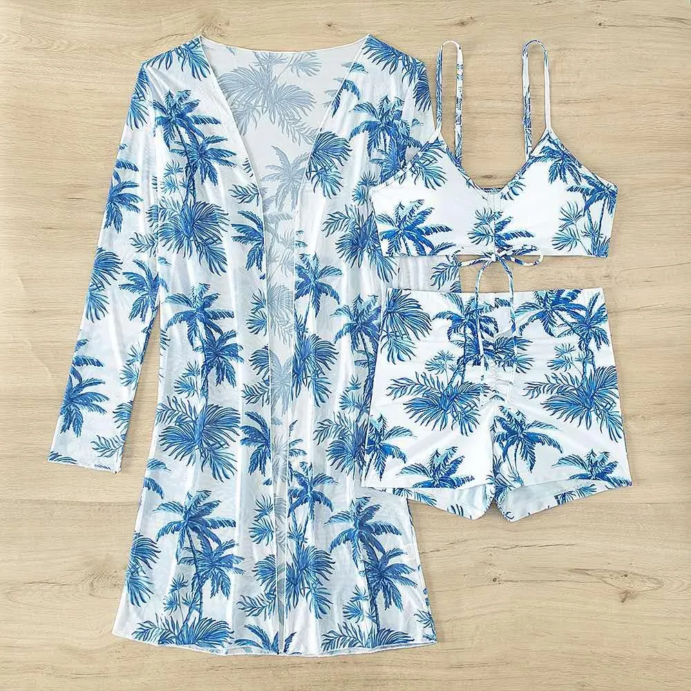 Yknktstc Womens 3 Pieces Bikini Set Swimsuit Tropical Beach Cover up Kimono Swimwear Bathing Suit with Boy Shorts