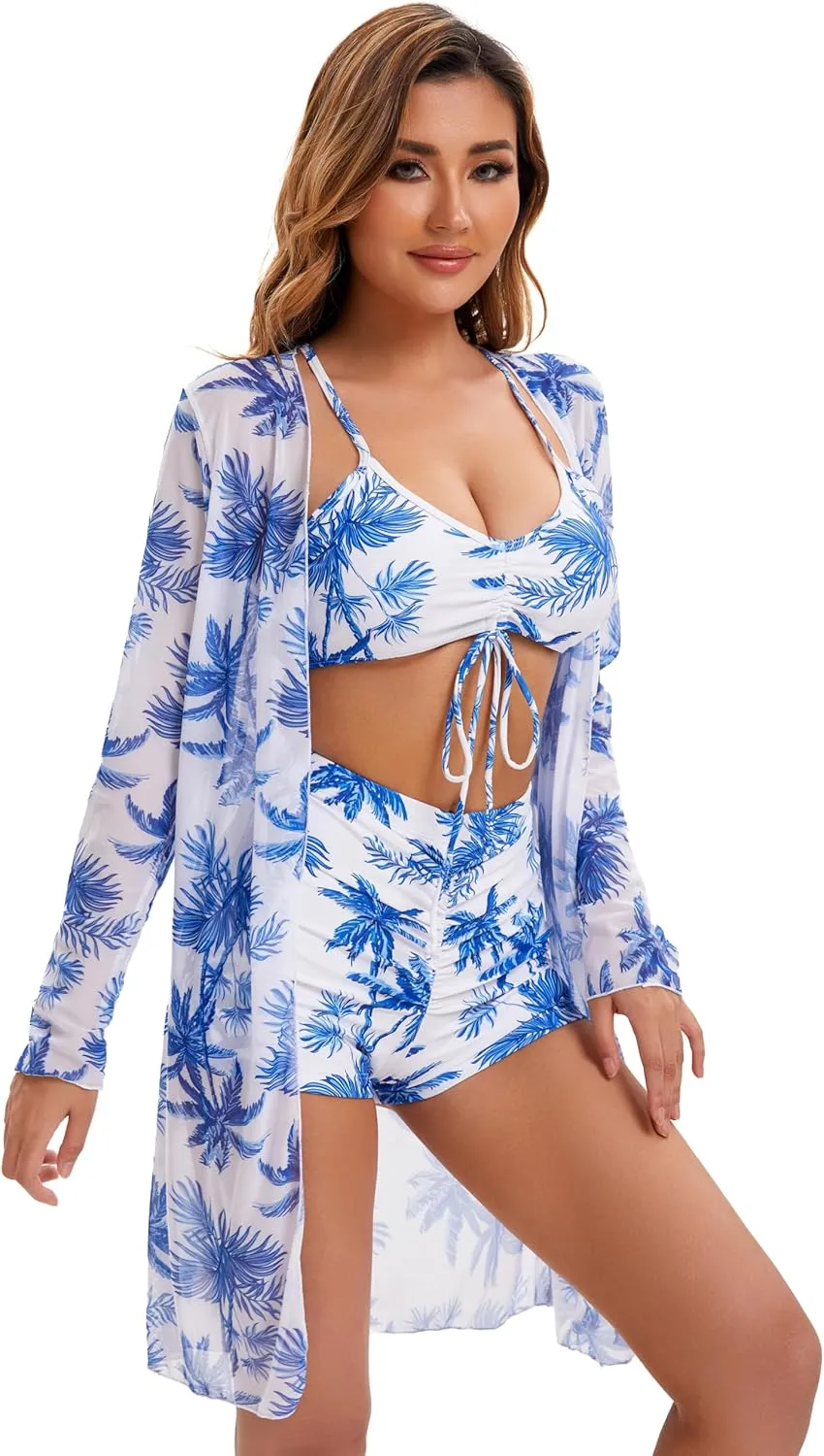 Yknktstc Womens 3 Pieces Bikini Set Swimsuit Tropical Beach Cover up Kimono Swimwear Bathing Suit with Boy Shorts