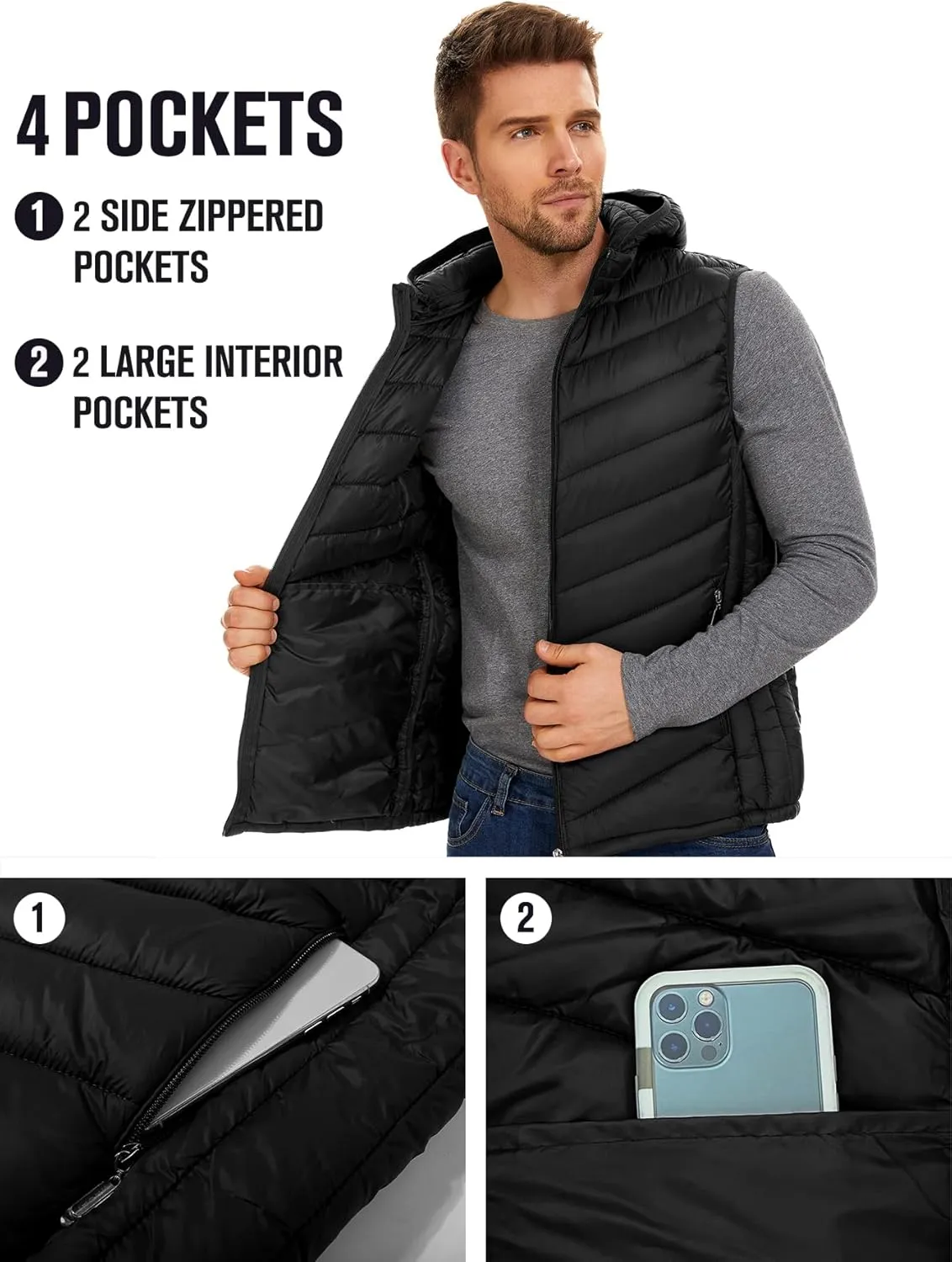 YKR Mens Puffer Vest Lightweight Winter Hooded Puffy Outerwear Vests Quilted Gilet with Pockets